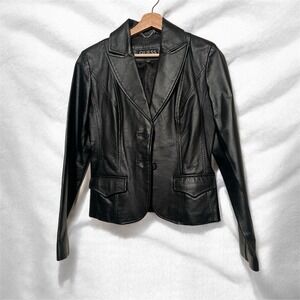 Y2K VTG GUESS Black Genuine Leather Blazer Jacket Womens L Button Front Tailored